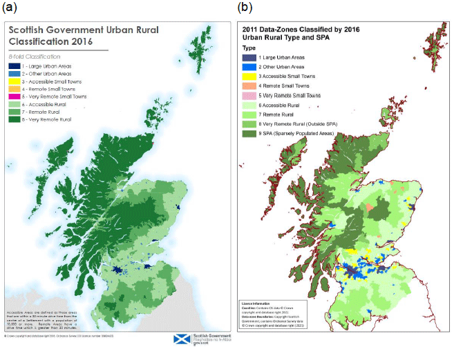 Two maps of Scotland showing the urban-rural classification, and how it relates to data-zones
