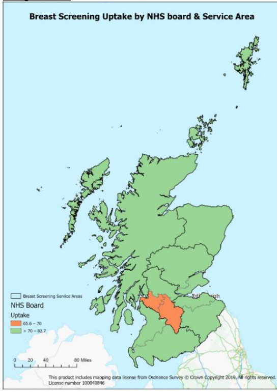 Map of Scotland divided into NHS Health boards showing breast screening uptake percentages