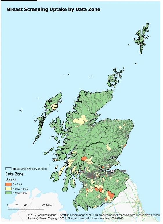 Map of Scotland divided into data zones showing breast screening uptake percentages.