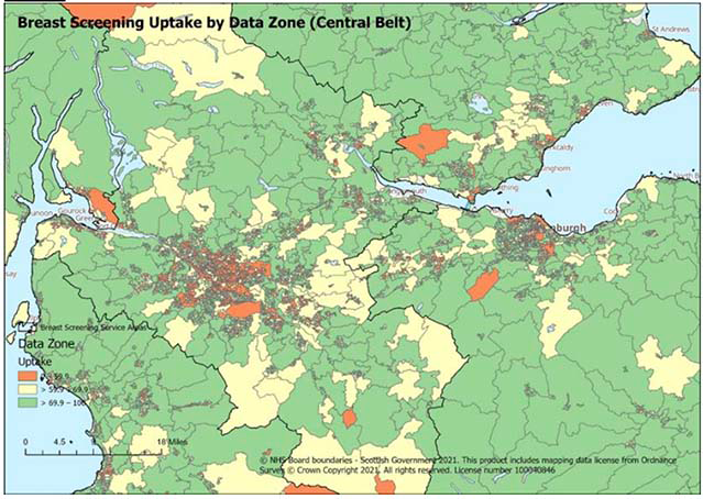 Map of Scotland’s central belt divided into data zones showing breast screening uptake percentages.