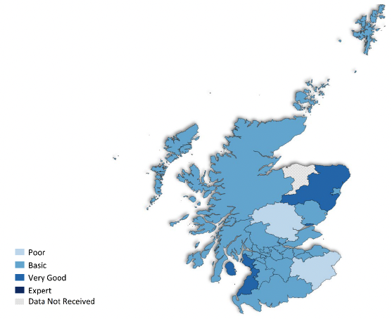 Map showing level of understanding of the needs of people who sell or exchange sex within each local authority across Scotland. 