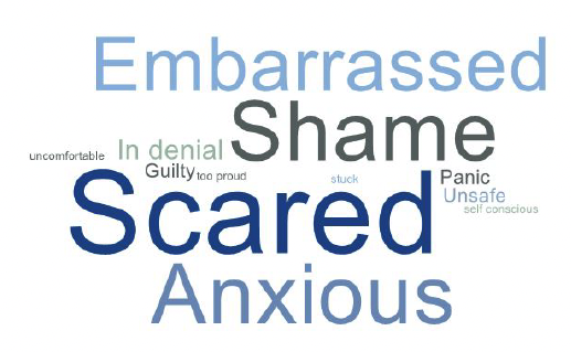 Word map highlighting reported participant emotions including fear, shame, anxiety, and others. 