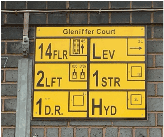 This image is a high rise premises information plate fixed to the outside of a high rise block.  It provides information to attending fire service personnel about the features of the block, such as how many floors, number of lifts, etc.