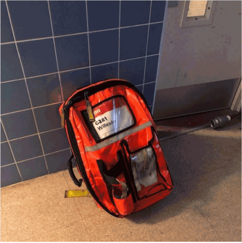 This image shows a backpack designed to be used to carry fire service equipment in a high rise block