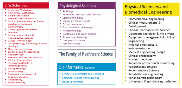 Four boxes in different colours demonstrating the healthcare science specialisms: Life Sciences; Physiological Sciences; Physical Sciences and Biomedical Engineering and Bioinformatics
