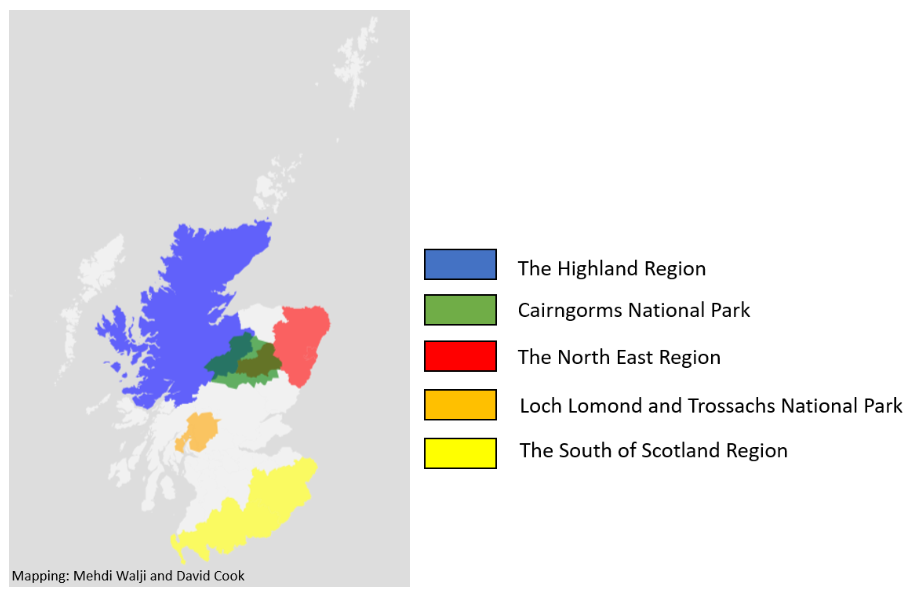 Map of Scotland showing the colour coded pilot regions, including the Highland Region, Cairngorms National Park, The North East Region, Loch Lomond and Trossachs National Park and The South of Scotland Region.