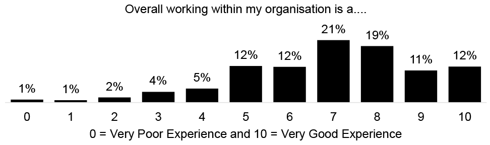 Column chart showing percentage of staff from 0 for very poor experience and 10 for very good experience. 1% rated score of 0; 1% rated 1; 2% rated 2; 4% rated 3; 5% rated 4; 12% rated 5; 12% rated 6; 21% rated 7; 19% rated 8; 11% rated 9; and 12% rated 10.