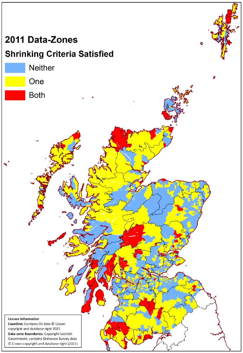 Map shows colour coded data zones of Scotland where neither, one, or both of the shrinking criteria (duration of shrinking and intensity of shrinking) are met.