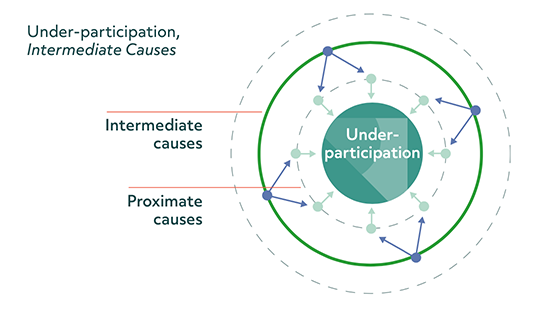 Circular diagram illustrating the intermediate causes of under-participation. The diagram has a central circle representing under-participation, with three outer circles representing causes. The closest circle to under-participation in labelled proximate causes. The second circle represents intermediate causes, with arrows demonstrating how the proximate causes lead inwards towards intermediate causes.  