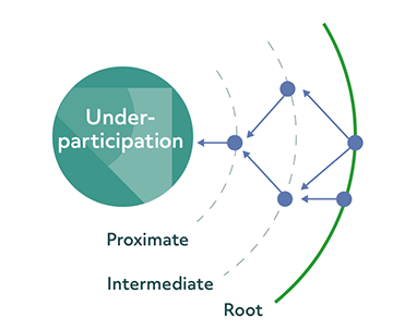 Diagram shows the flow of root causes, to intermediate causes, to proximate causes which ultimately manifest in under-participation.