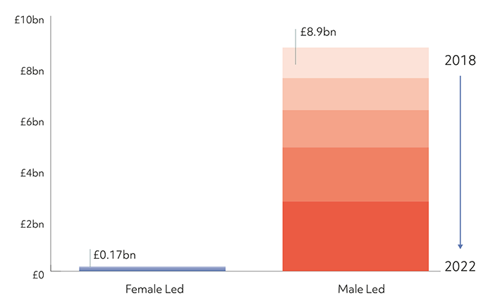 A bar chart showing institutional investment over 5 years from 2018-2022 in female-led and male-led companies. There is a stark contrast with female-led companies receiving a total of £0.17 bn investment over the 5 year period compared to £8.9 bn in male-led companies over the same time period.