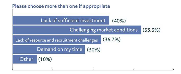 A bar chart showing respondents answers when asked “what do you see as being the current key risks for growing your business?”

40% of respondents answered ‘lack of sufficient investment’, 53.3% answered ‘challenges market conditions’, 36.7% answered ‘lack of resource and recruitment challenges’, 30% answered ‘demand on my time and 10% answered ‘other’.