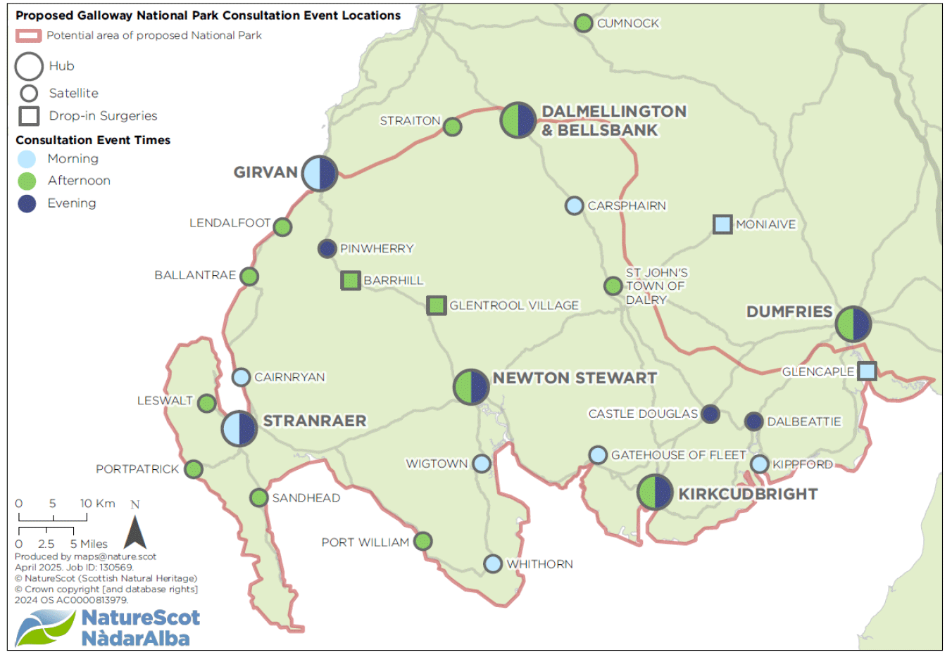 Map showing the proposed Galloway National Park consultation event locations. Major hubs include Dalmellington and Bellsbank, Dumfries, Girvan, Kirkcudbright, Newton Stewart, and Stranraer. Satellite and drop-in events span from Cumnock in the north to Portpatrick in the west. Colour-coded markers indicate morning, afternoon, evening, or mixed session times.