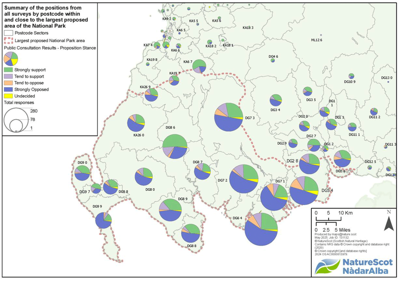 Map of post code sectors in the region.  Each has a pie chart: larger ones indicate higher numbers of responses from that sector.  The pie charts also show the level of support and opposition for the proposal.