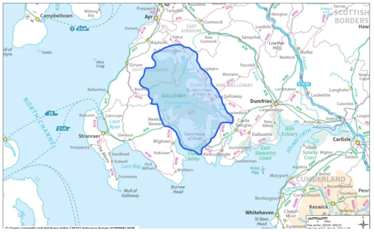 Map showing an area roughly containing Barr, Straiton, Dalmellington and Bellsbank in the north.  It encompasses the Glenkens in the east, south to xxx  It runs from Laurieson to Gatehouse of Fleet in the south.  On the west side it includes the River Cree, skirting east of Barrhill to join the north edge near Barr.