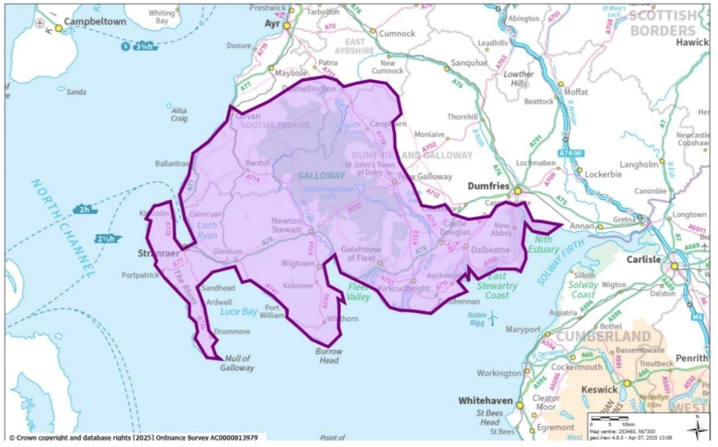 Map showing an area encompassing most of Galloway west of, and including, the Glenkens valley.  It also includes parts of South Ayrshire up to and including Ballantrae, Girvan and Barrhill.  It includes parts of East Ayrshire up to and including Barr, Straiton and Dalmellington and Bellsbank. 