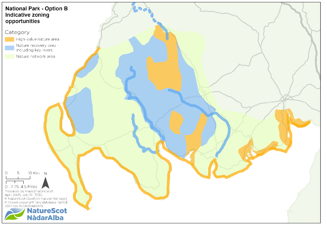 Map showing the larger ‘extensive’ option for a Park.  It shows areas of high nature value – some groups of SSSIs, the NSAs, and Cairnsmore of Fleet NNR and all the coastline.  It shows areas of nature recovery potential – the Galloway Forest Park, the main river catchments (Bladnoch, Cree, Dee, Doon), and groups of SSSI on and near the coast at east Loch Ryan, and the south Ayrshire coast.  The remainder is shown as nature network area. 