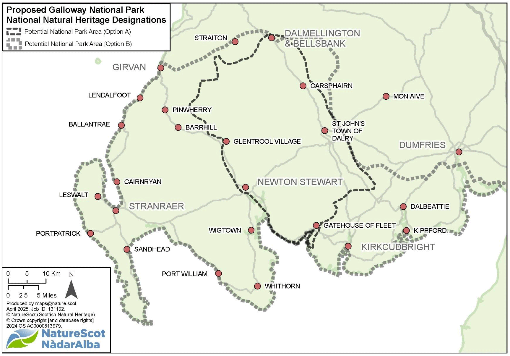 Map showing, in outline, both proposed Option A - core - and proposed Option B - extensive.