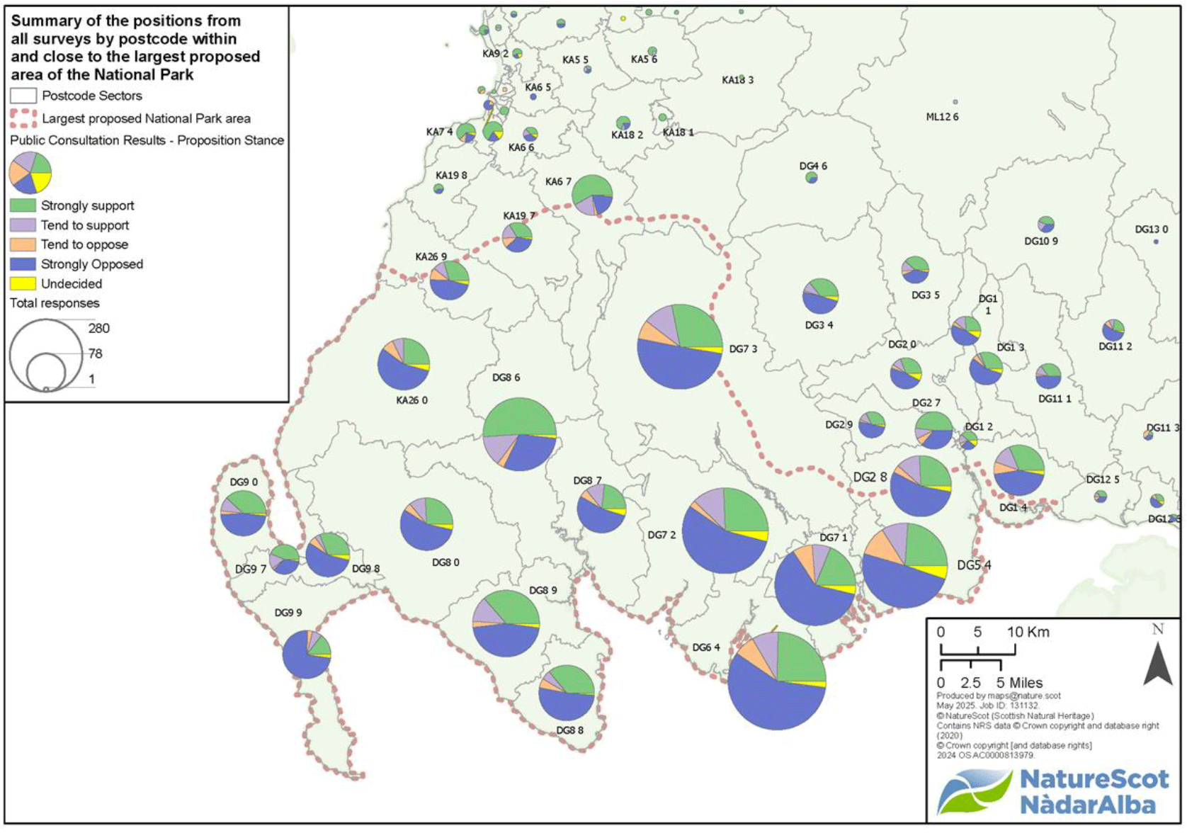 Map of post code sectors in the region.  Each has a pie chart: larger ones indicate higher numbers of responses from that sector.  The pie charts also show the level of support and opposition for the proposal. 