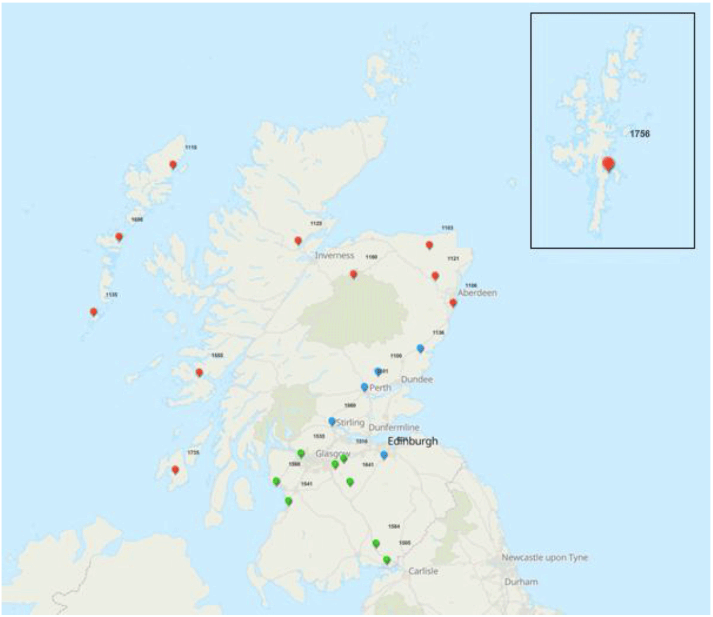 Figure 1 shows a map of Scotland showing the geographic distribution of abattoirs.  It shows that there are 24.