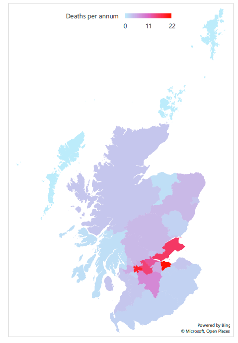Deaths attributable to domestic solid fuel burning each year – split by Local Authority