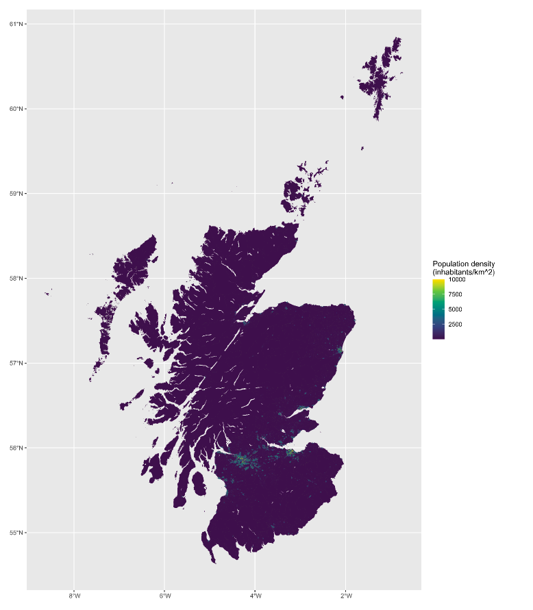Map of Scotland displaying population density using a colour gradient from dark purple (low density) to bright green (high density). Highest population concentrations appear around major cities in the Central Belt, with sparse density across the Highlands and Southern Uplands. 