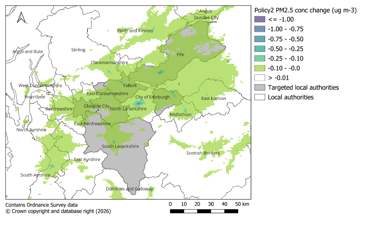  Map showing PM2.5 concentration changes across local authorities in Scotland, with areas shaded in green and blue indicating varying degrees of reduction in PM2.5 levels from -0.01 to -1.00 µg/m³ due to change from Policy 2. Grey areas represent local authorities, with Policy 3 targeted local authorities outlined.