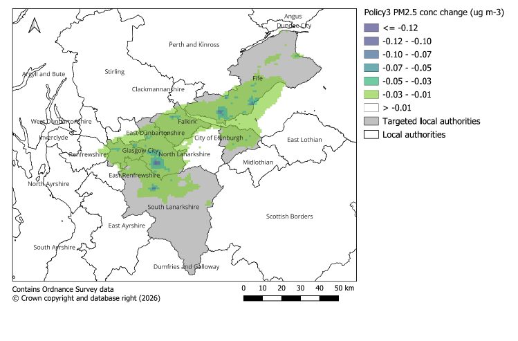  Map showing PM2.5 concentration changes across local authorities in Scotland, with areas shaded in green and blue indicating varying degrees of reduction in PM2.5 levels from -0.01 to -0.12 µg/m³due to change from Policy 3. Grey areas represent local authorities, with Policy 3 targeted local authorities outlined.