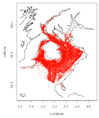 Figure 6.8 The distribution of VMS pings (shown in red) recorded from Nephrops trawlers >12 m length in 2010. Figure 6.8 The distribution of VMS pings (shown in red) recorded from Nephrops trawlers >12 m length in 2010.