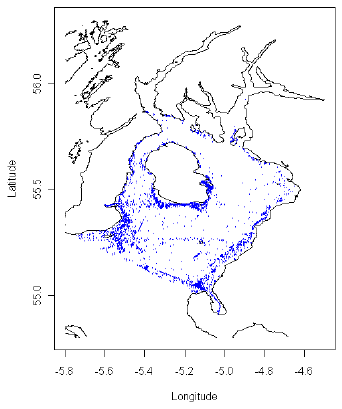 Figure 6.10 The distribution of VMS pings (shown in blue) recorded from scallop vessels >12 m length in 2010. Figure 6.10 The distribution of VMS pings (shown in blue) recorded from scallop vessels >12 m length in 2010.