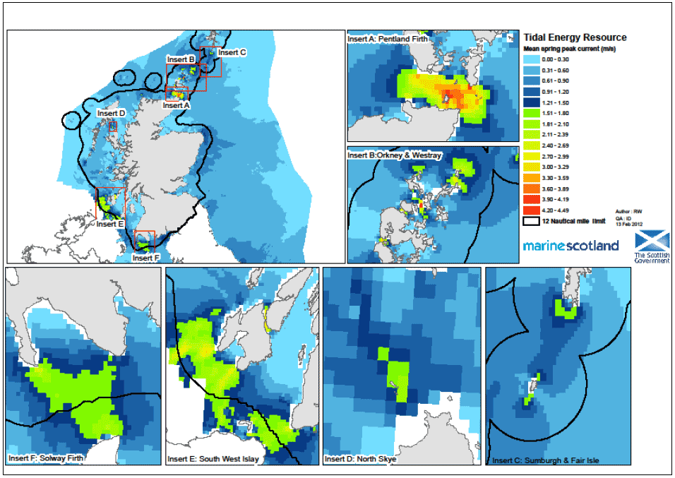 Figure 1a Mean spring peak current (ms-1) in tidal stream energy resource areas in Scottish waters.