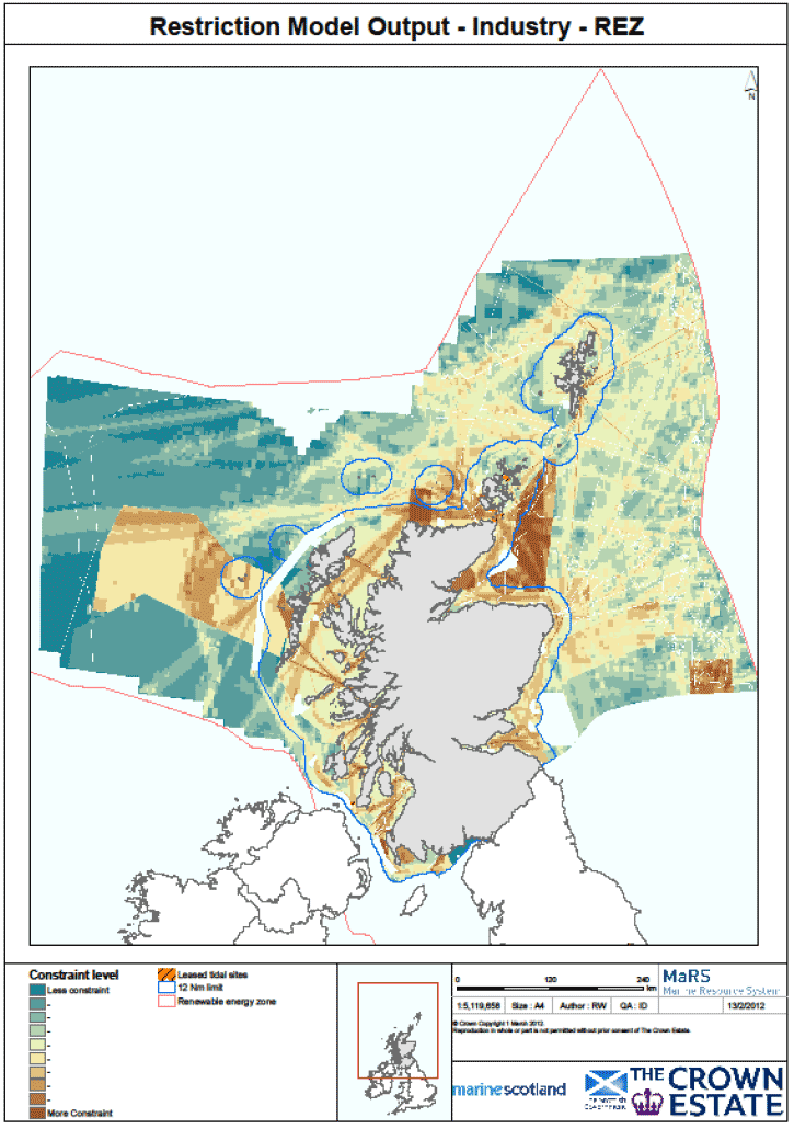 Figure 2 Output from the Industry Restriction model for tidal stream energy development in Scottish waters.