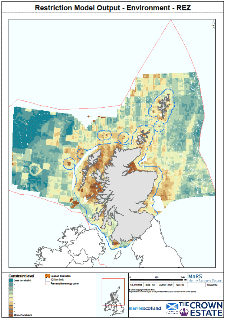 Figure 3 Output from the Environmental Restriction model for tidal stream energy development in Scottish waters.