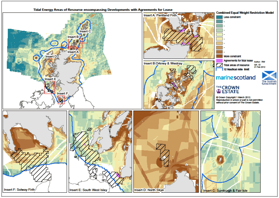 Figure 9 Combined restriction model for tidal stream resource areas, giving equal weight to the environmental, industry and socio-cultural themes.