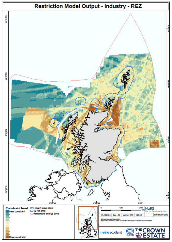 Figure 2 Output from the Industry Restriction model for offshore wave energy development in Scottish waters.