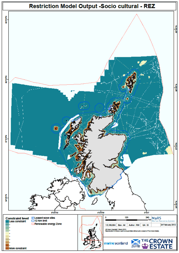 Figure 4 Output from the Socio-cultural Restriction model for offshore wave energy development in Scottish waters.