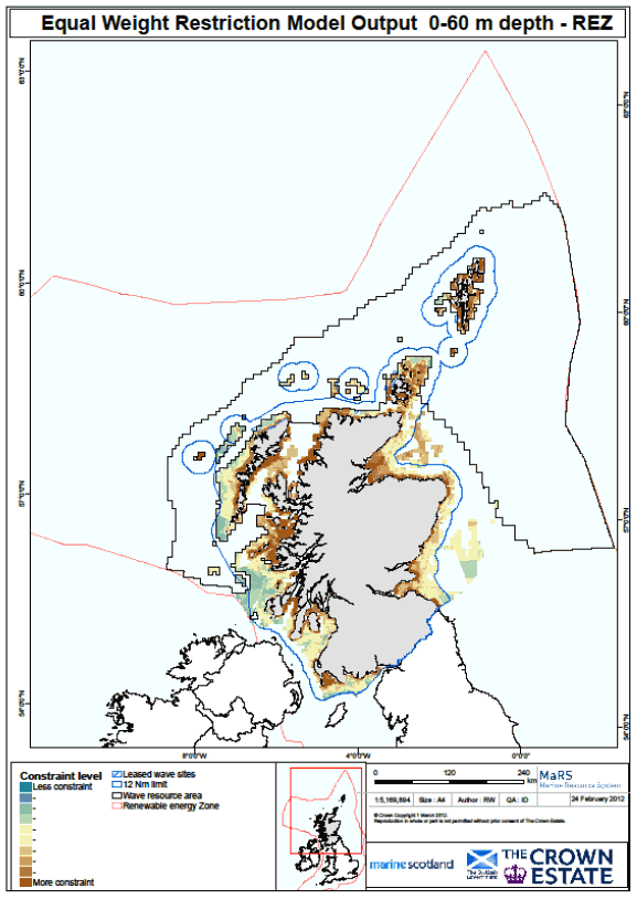 Figure 9 Levels of constraint on wave power developments in areas of 0 - 60m depth of water, in relation to the resource area for wave energy.