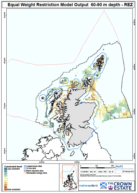 Figure 10 Levels of constraint on wave power developments in areas of 60 - 90m depth of water in relation to the resource area for wave energy.