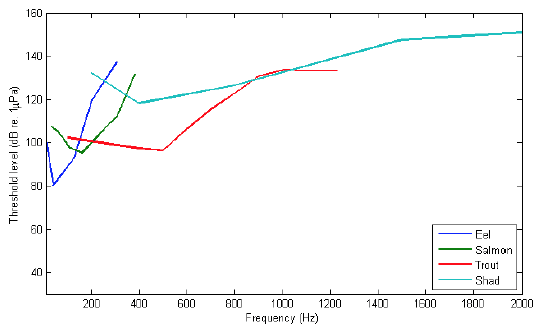 Figure 5-8 - Audiograms of fish: eels based on Jenko, et al. (1989), shad based on Mann, et al. (2001), Atlantic salmon based on Hawkins and Myrberg (1983) and sea trout based on Horodysky, et al. (2008).