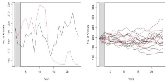 Figure A3.9 Examples of the predicted changes in abundance of the grey seal population in the 24 years following the construction of two hypothetical wind farms Figure A3.9 Examples of the predicted changes in abundance of the grey seal population in the 24 years following the construction of two hypothetical wind farms