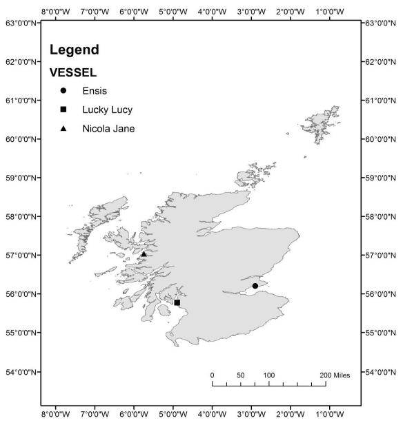 Figure 3: Map of trial locations by vessel. Projection: WGS1984. Figure 3: Map of trial locations by vessel. Projection: WGS1984.