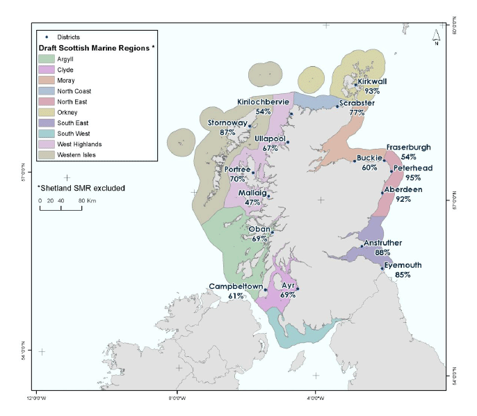 Figure 3: Percentage coverage of the total value of the FIN-reported annual landings of interviewed vessels averaged for 2010 and 2011, by the total value of FIN-reported annual landings of all vessels less than 15 m averaged for the same period, according to District. Figure 3: Percentage coverage of the total value of the FIN-reported annual landings of interviewed vessels averaged for 2010 and 2011, by the total value of FIN-reported annual landings of all vessels less than 15 m averaged for the same period, according to District.
