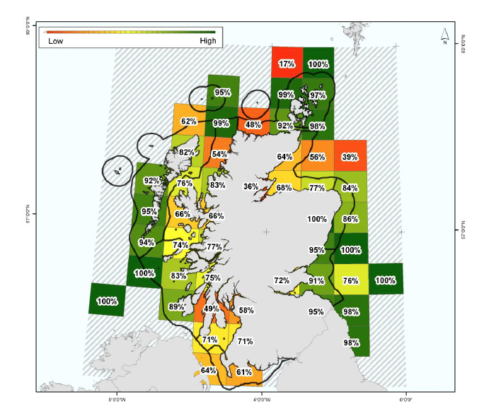 Figure 4: Percentage coverage of the total value of the FIN-reported annual landings of vessels successfully interviewed averaged for 2010-2011, by the total value of the FIN-reported annual landings of all vessels under 15 m for the same period, in each ICES statistical rectangle in the study area. Provisional SMR boundaries are also shown (in black). Figure 4: Percentage coverage of the total value of the FIN-reported annual landings of vessels successfully interviewed averaged for 2010-2011, by the total value of the FIN-reported annual landings of all vessels under 15 m for the same period, in each ICES statistical rectangle in the study area. Provisional SMR boundaries are also shown (in black).