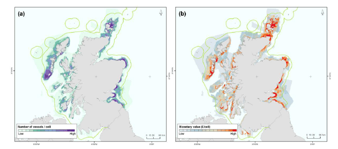 Figure 5: Vessel number (a) and monetary value distribution (b) for creel (pot) fishing for crab and lobster all species. From polygons identifying crab and/or lobster (brown crab and/or velvet crab, green crab, spider /spiny crab, common lobster, crawfish, squat lobster) as the primary or secondary target species where the fishing gear is pots.