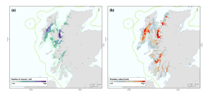 Figure 6: Vessel number (a) and monetary value distribution (b) for Nephrops creel (pots) fishing.