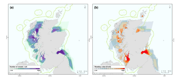 Figure 7: Vessel number (a) and monetary value distribution (b) for Nephrops trawling.