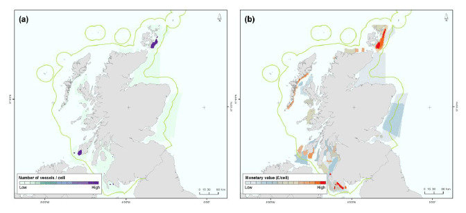 Figure 9: Vessel number (a) and monetary value distribution (b) for king scallop fishing using towed dredges.