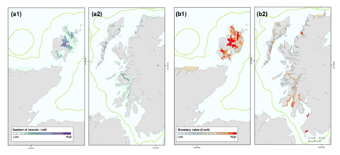 Figure 10: Vessel number (a1 & a2) and monetary value distribution (b1 & b2) king scallop diving.