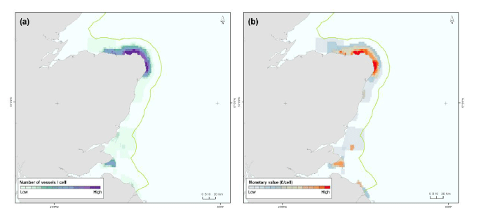 Figure 11: Vessel number (a) and monetary value distribution (b) for mackerel line fisheries.