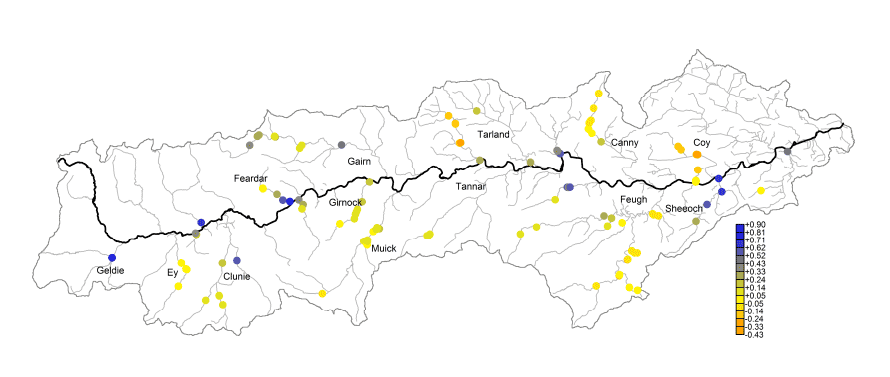 Performance of River Dee monitoring sites relative to the national expectation averaged across years Performance of River Dee monitoring sites relative to the national expectation averaged across years